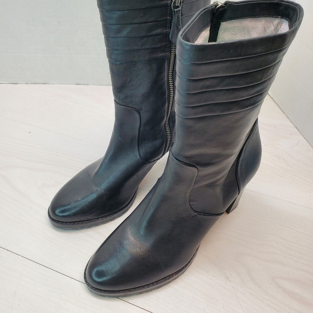 Johnston & Murphy Black Leather Mid Calf Block Heel Boots Womens 9M Smart Casual